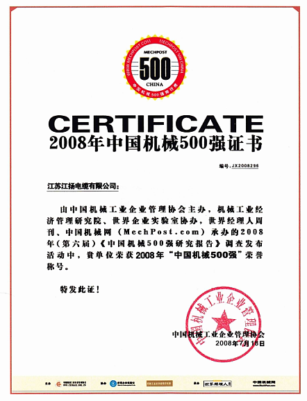 中國機械500強證書